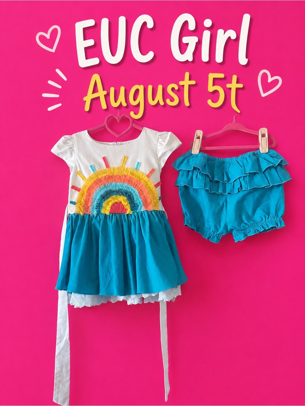 5t EUC Girl August set  Teal Rainbow Tunic/dress & Ruffle Shorts Set -